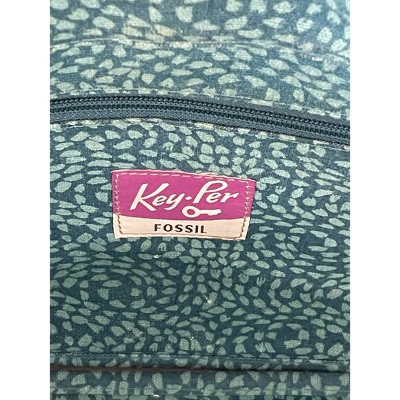 Fossil Key Per Coated Canvas Messenger Bag Key Print Adjustable Strap Blue/Brown - Picture 7 of 16
